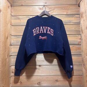 Logo 7 Navy Braves Cropped Sweatshirt Womens Large Distressed Rhinestone